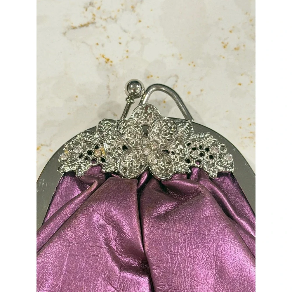 Metallic‎ Purple Rhinestone Floral Kiss Lock Evening Clutch Bag Handheld Purse